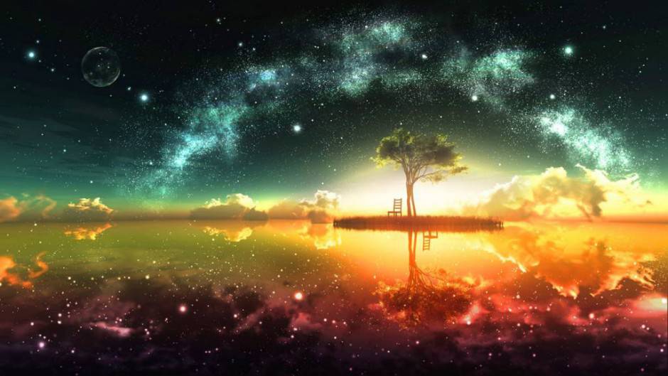 albero e sedie su isola nell'universo